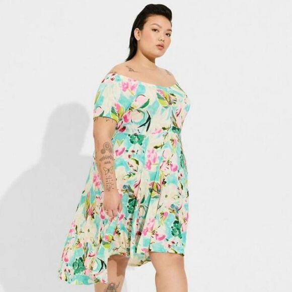 Torrid Women's Plus Size Mini Soft Off-Shoulder Skater Floral Dress - Picture 2 of 5
